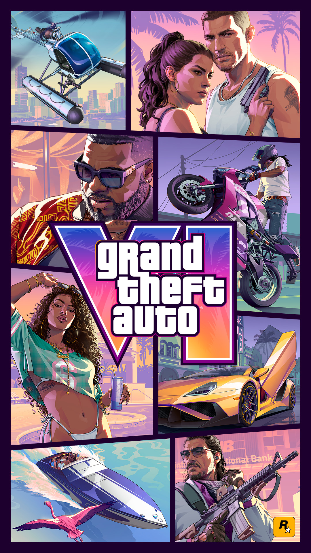 Official Grand Theft Auto VI cover art featuring characters and scenes from Vice City