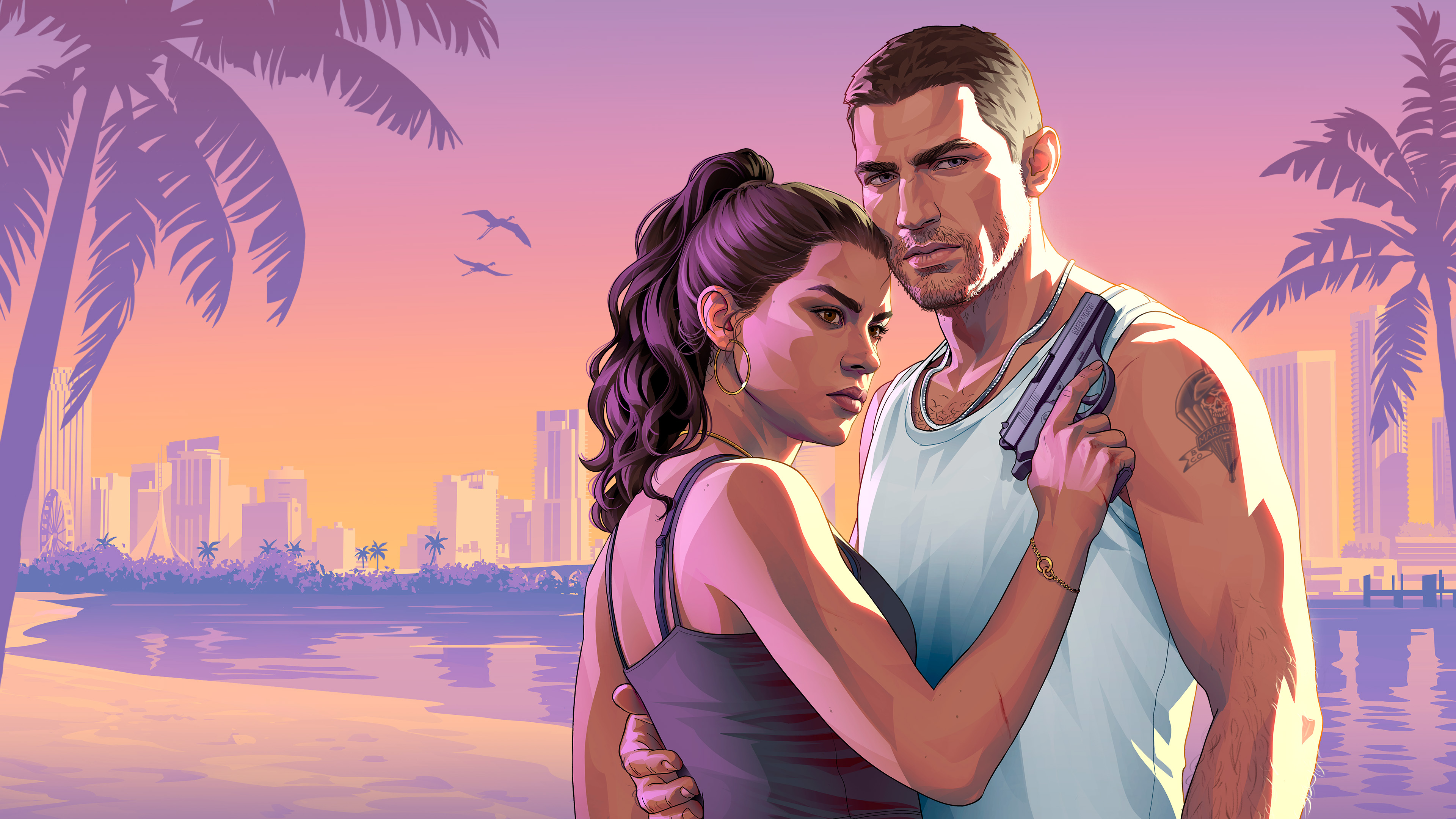 GTA VI artwork of Jason and Lucia on a beach at sunset