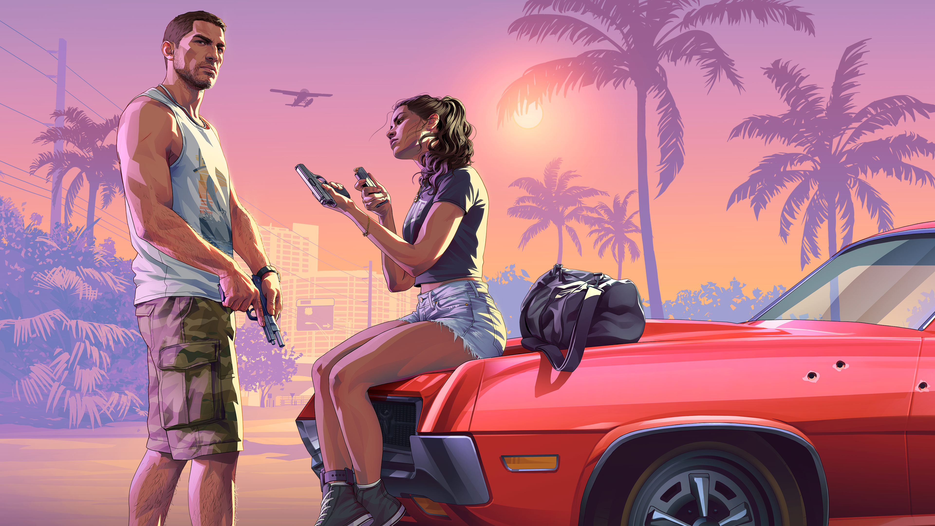 GTA VI artwork of Jason and Lucia beside a red car